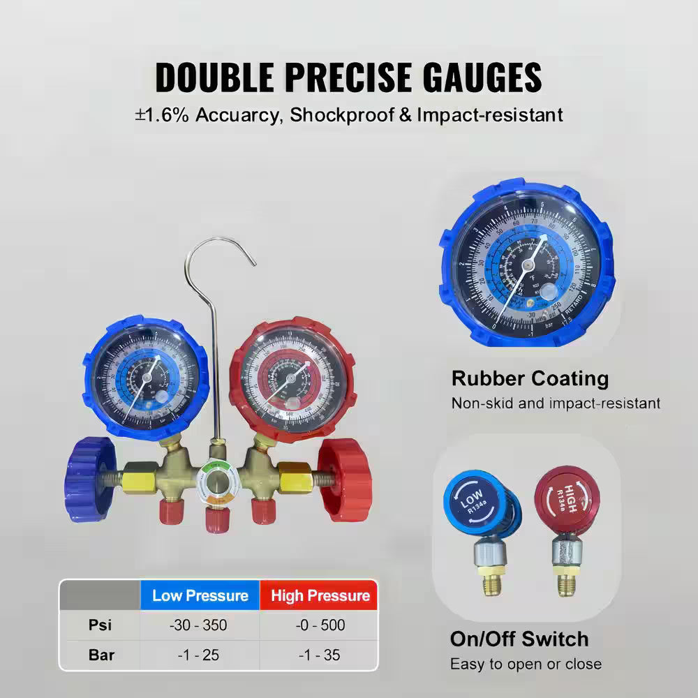 3-Way AC Manifold Gauge Set for R134A R22 R12 R502 Refrigerant with 5 ft. Hoses