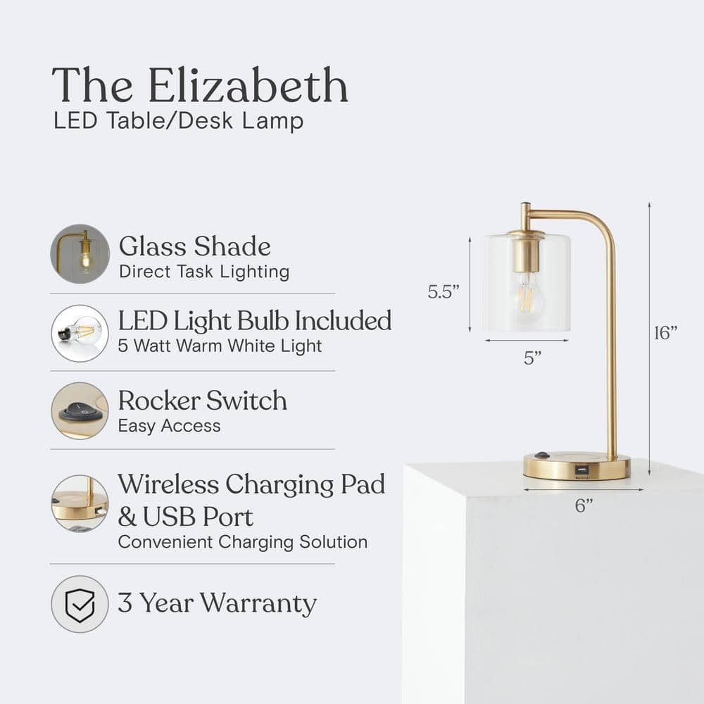 Brightech Table Lamp Glass Shade Fixture Metal in Brass w/ Built-In USB Port