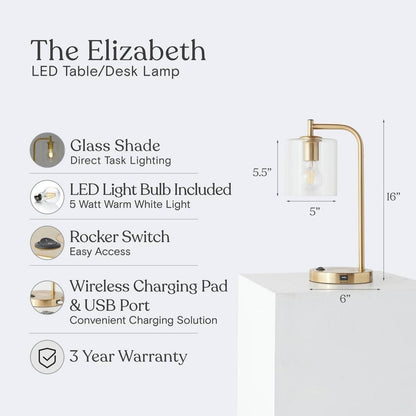 Brightech Table Lamp Glass Shade Fixture Metal in Brass w/ Built-In USB Port