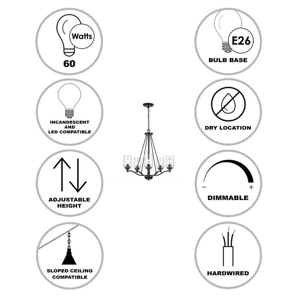 Bel Air Lighting Simi Black Chandelier Light Fixture w/ Seeded Glass Shades