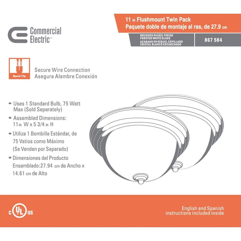 Commercial Electric 11 in. Brushed Nickel Flush Mount Frosted Glass Shade 2-Pack