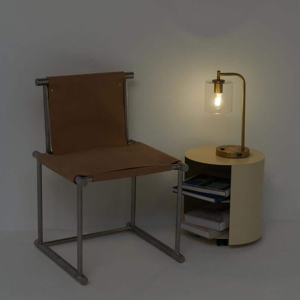 Brightech Table Lamp Glass Shade Fixture Metal in Brass w/ Built-In USB Port