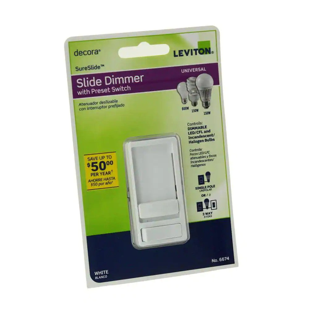 1 PACK Leviton SureSlide Slide Dimmers with Preset Switch White