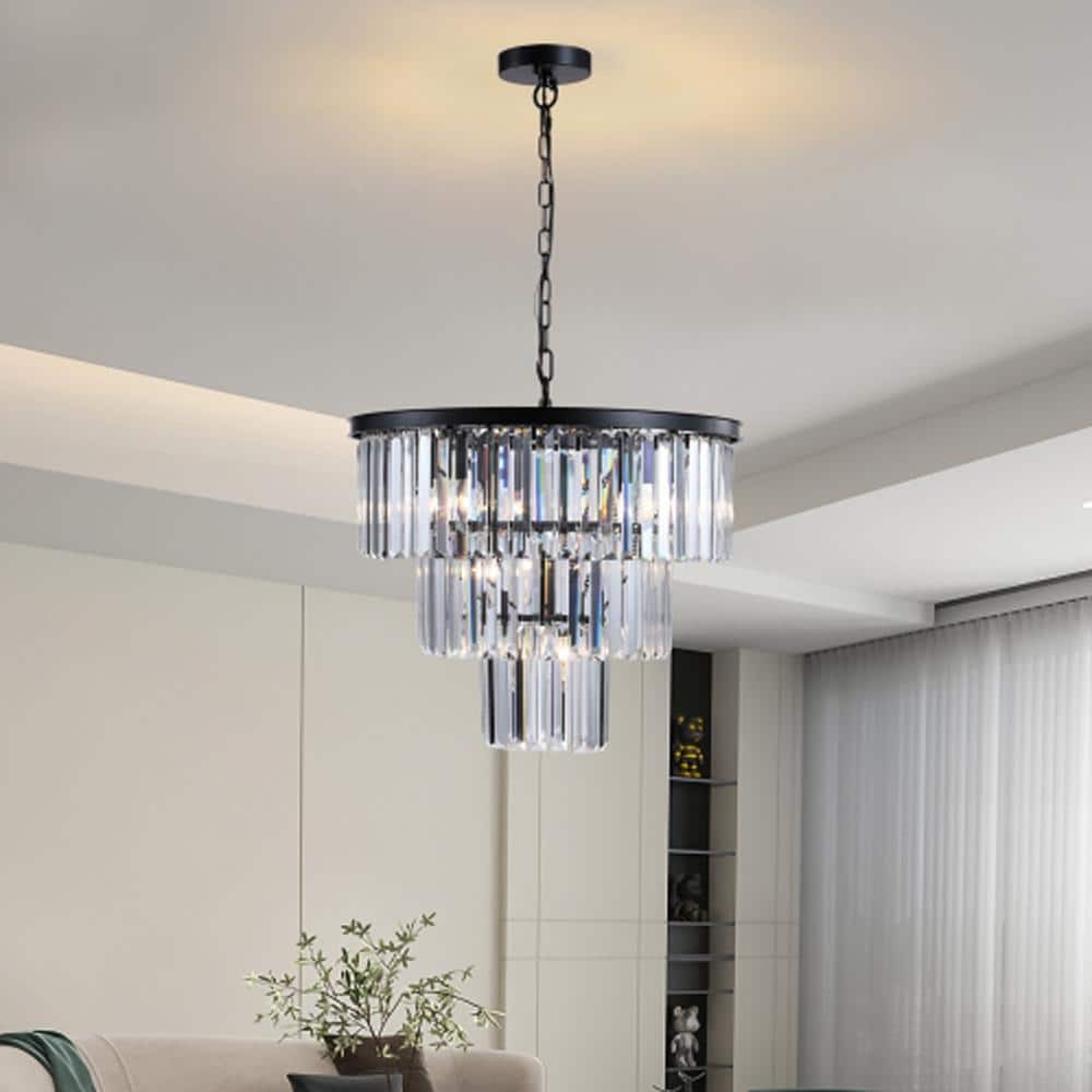 19.7 Black 3-Tier Chandelier Light Fixture Crystal Hanging Light for Living Room