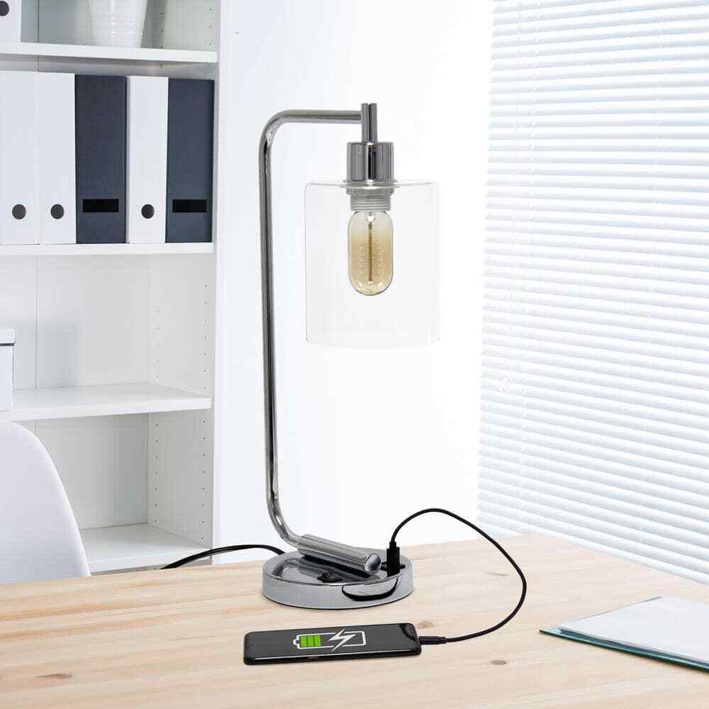 18.8 In. Chrome Industrial Iron Lantern Table Lamp w/ Glass Shade and USB Port 