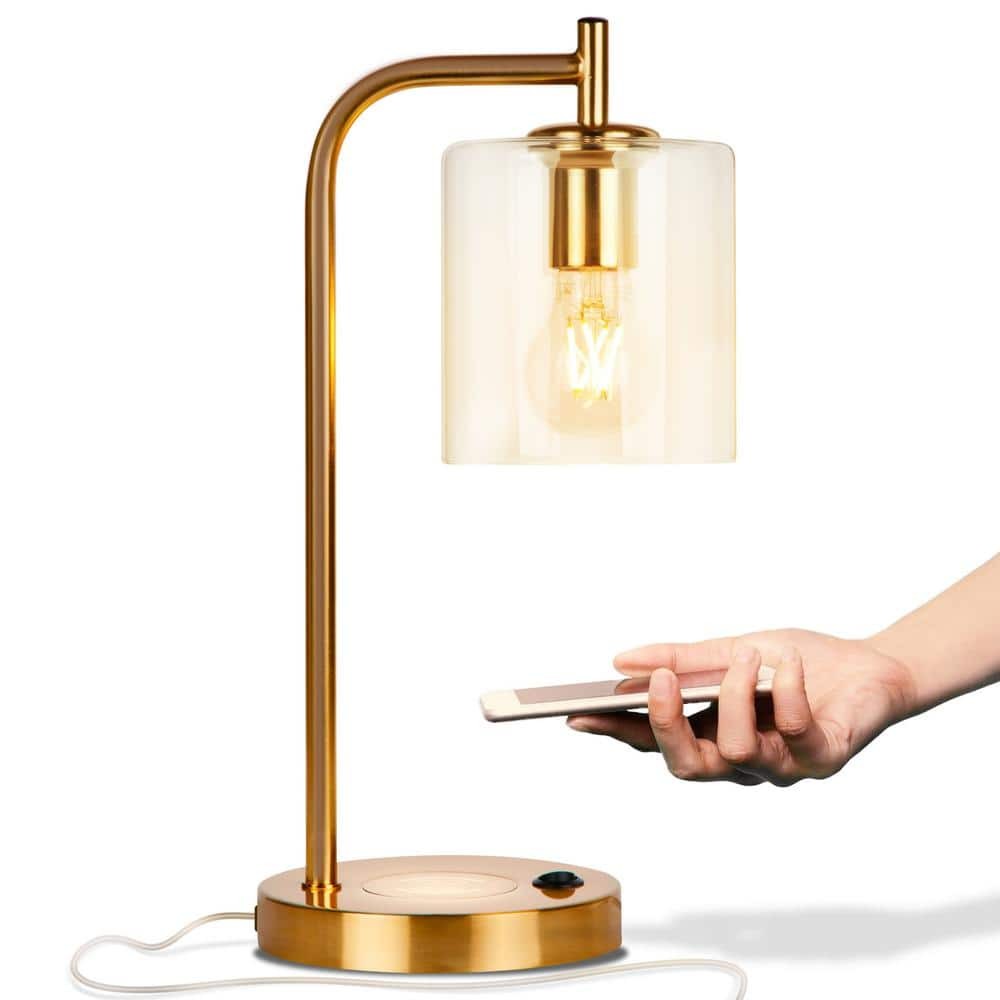 Brightech Table Lamp Glass Shade Fixture Metal in Brass w/ Built-In USB Port