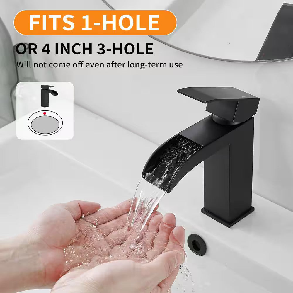 BWE Waterfall Single Handle Single Hole Bathroom Faucet Pop up Drain Matte Black