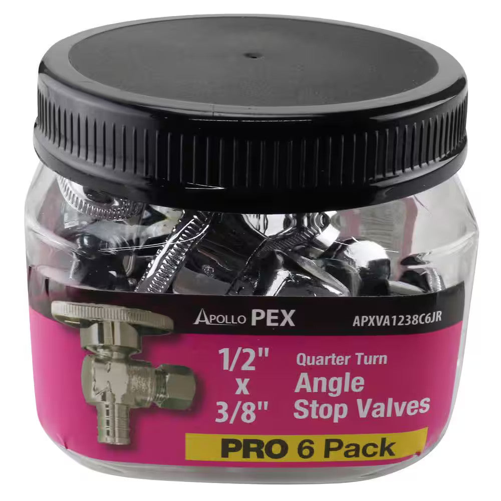 Apollo 1/2" PEX-B Barb x 3/8" Compression Quarter-Turn Angle Stop Valve (6 Pack)