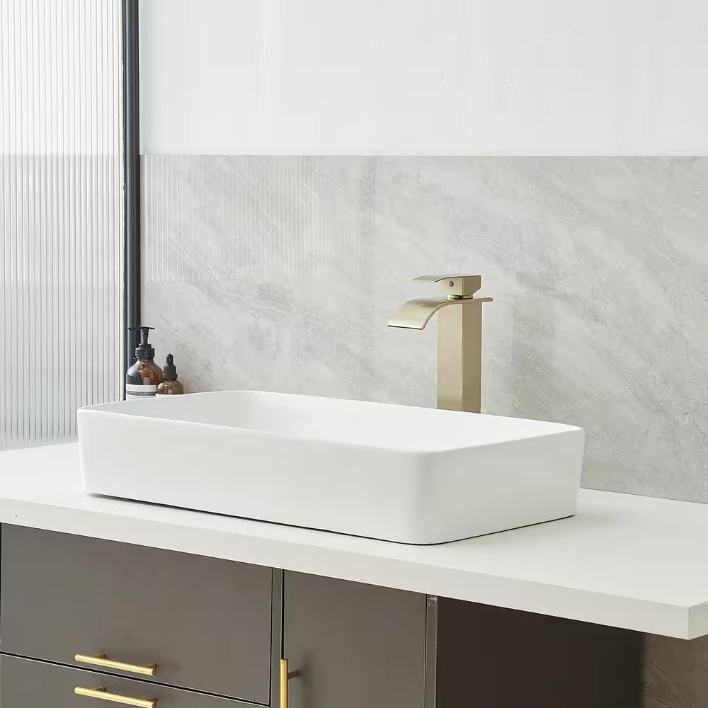 BWE Waterfall Single Hole Single Handle Bathroom Vessel Sink Faucet Brushed Gold