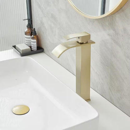 BWE Waterfall Single Hole Single Handle Bathroom Vessel Sink Faucet Brushed Gold