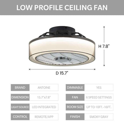 ANTOINE 16 in. Indoor Gray Low Profile Ceiling Fan w/ Dimmable Light & Remote