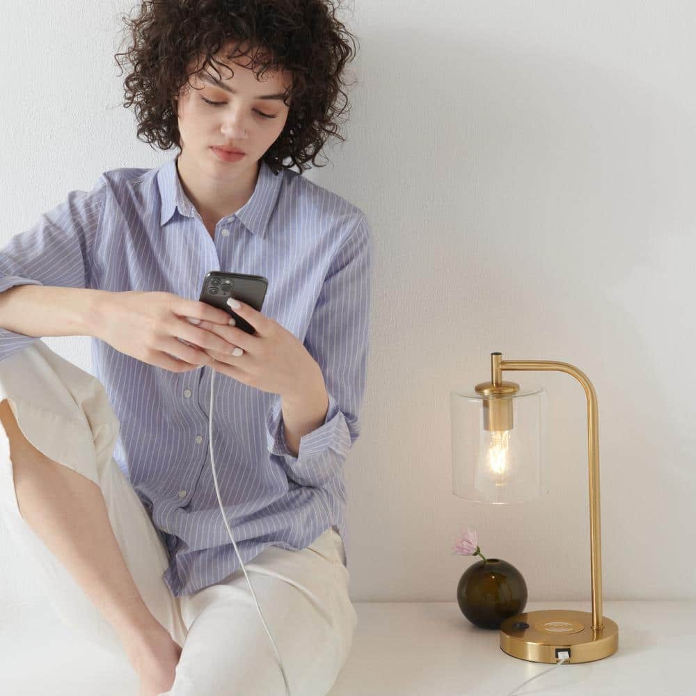 Brightech Table Lamp Glass Shade Fixture Metal in Brass w/ Built-In USB Port