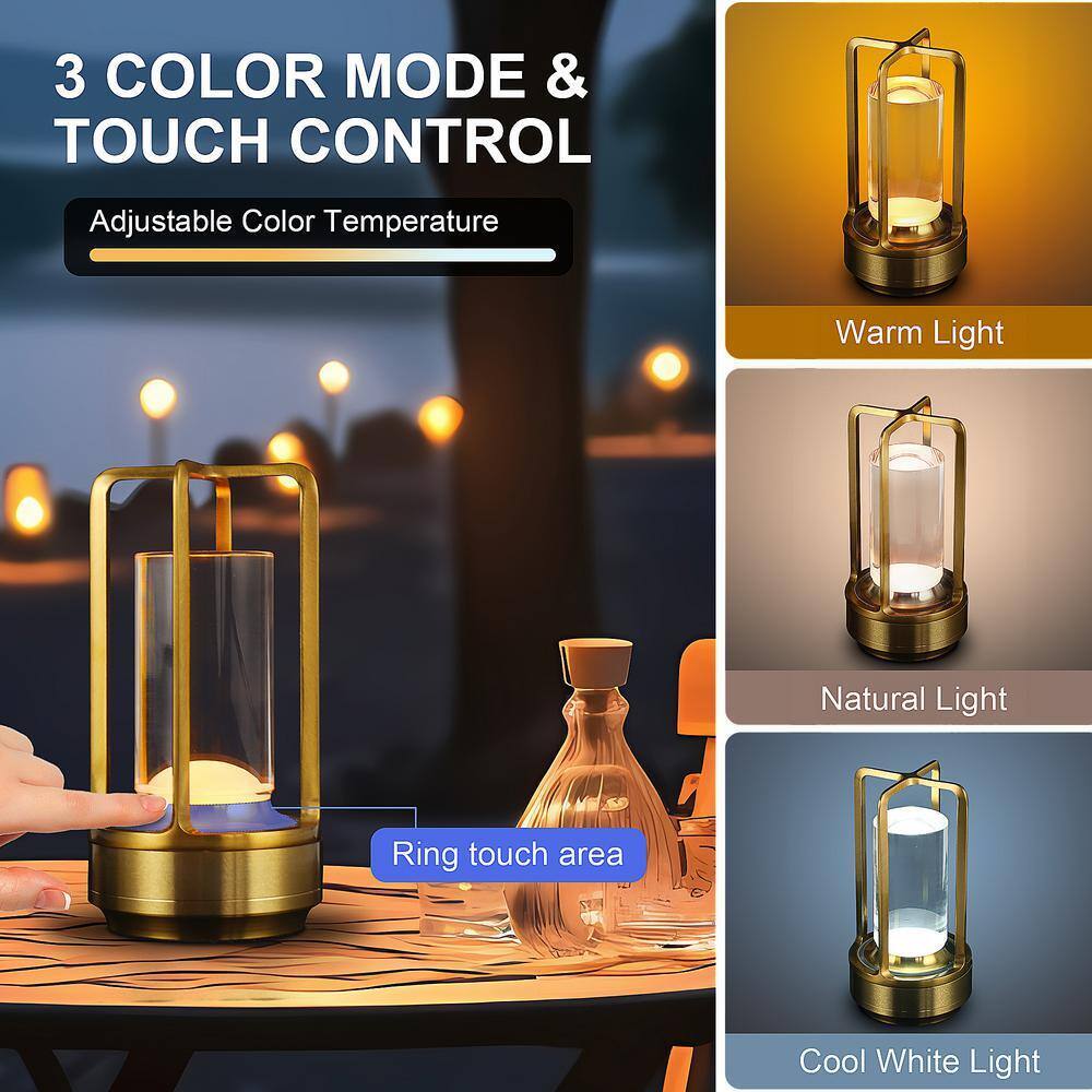 7 in. Outdoor/Indoor Dimmable Touch Control Industrial Gold Portable Table Lamp