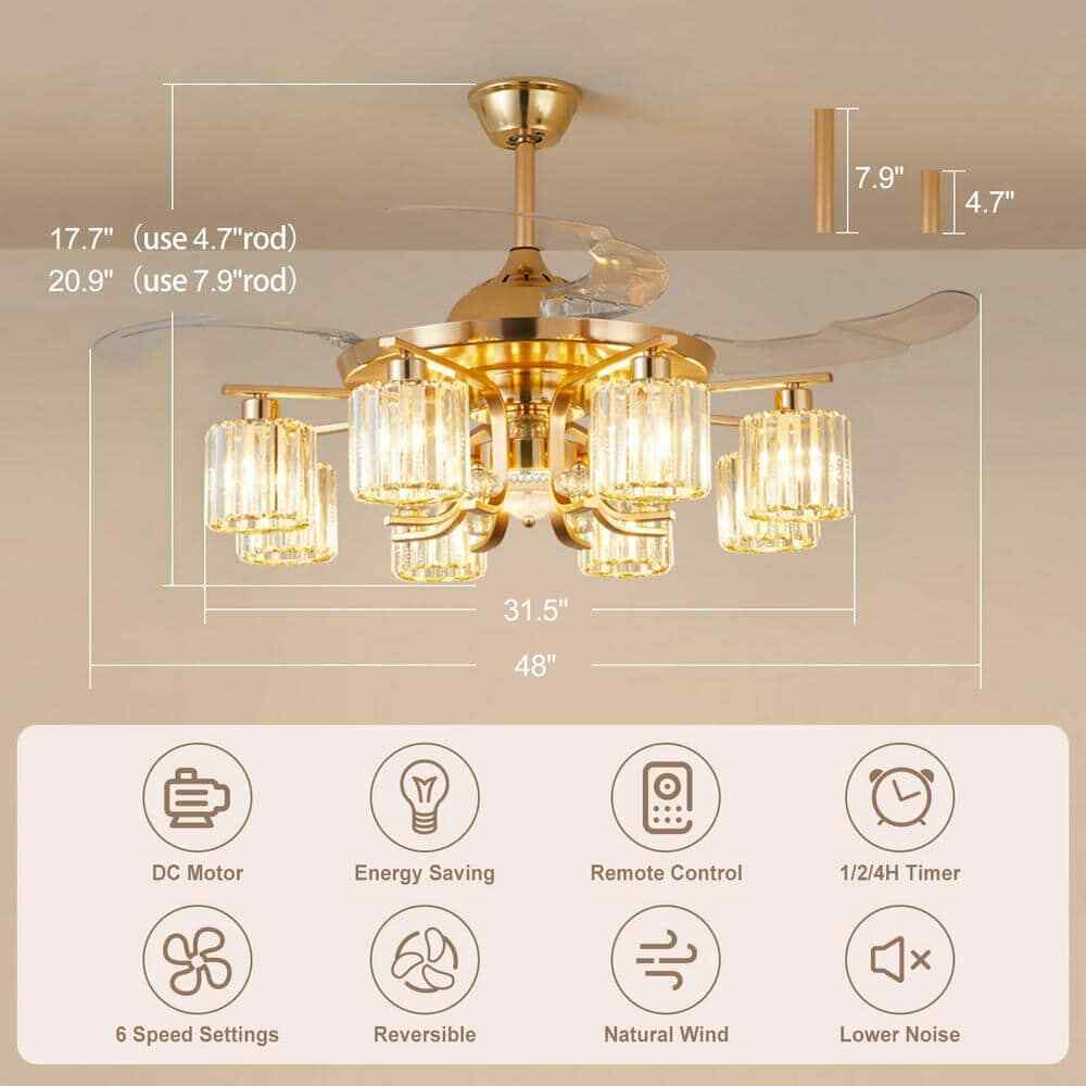 Depuley 48 in. 8-Light Gold Ceiling Fan w/ Remote Crystal Retractable Fandelier