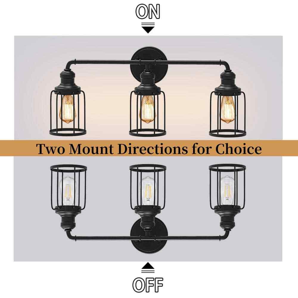 24 in. 3-Light Black Industrial Vanity with Metal Cage Wall Sconce