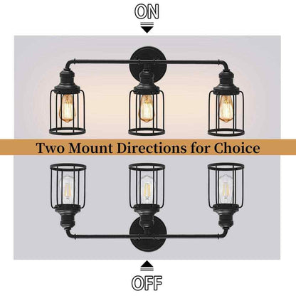 24 in. 3-Light Black Industrial Vanity with Metal Cage Wall Sconce