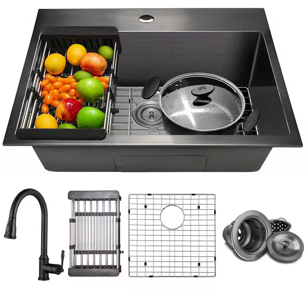 AKDY Drop-In Kitchen Sink 25" x 22" Stainless Steel 1-Bowl Matte Black w/ Faucet