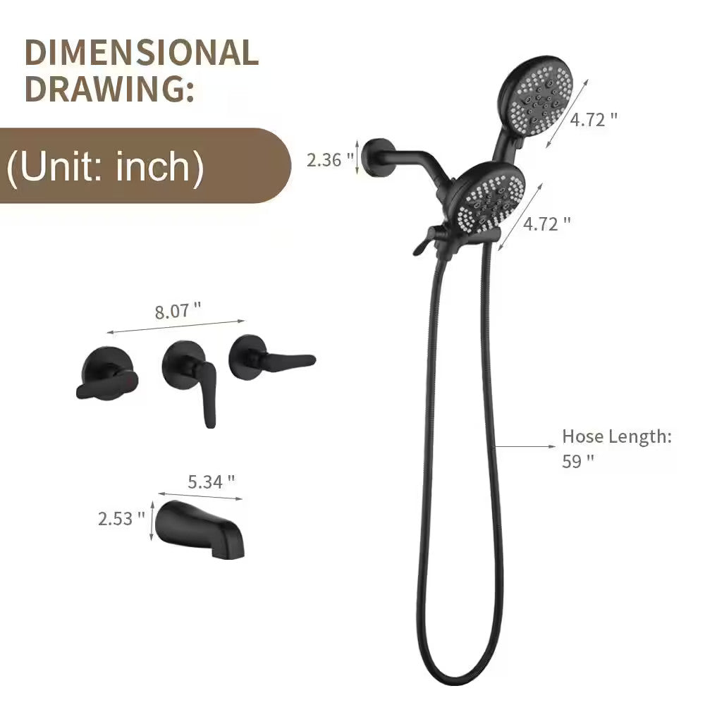 3-Handle Tub Shower Faucet Dual Head Shower 2.5 GPM  Matte Black, with Valve