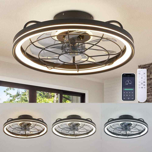 19 in. Integrated LED Modern Farmhouse Ceiling Fan Flush Mount w/ Light & Remote