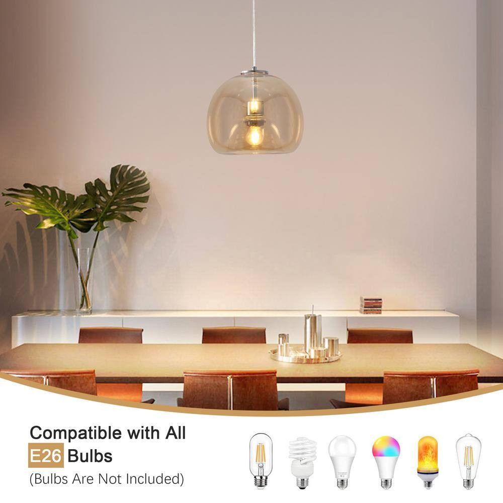 1-Light Chrome Globe Pendant Light Amber Glass for Living Room No Bulbs Included