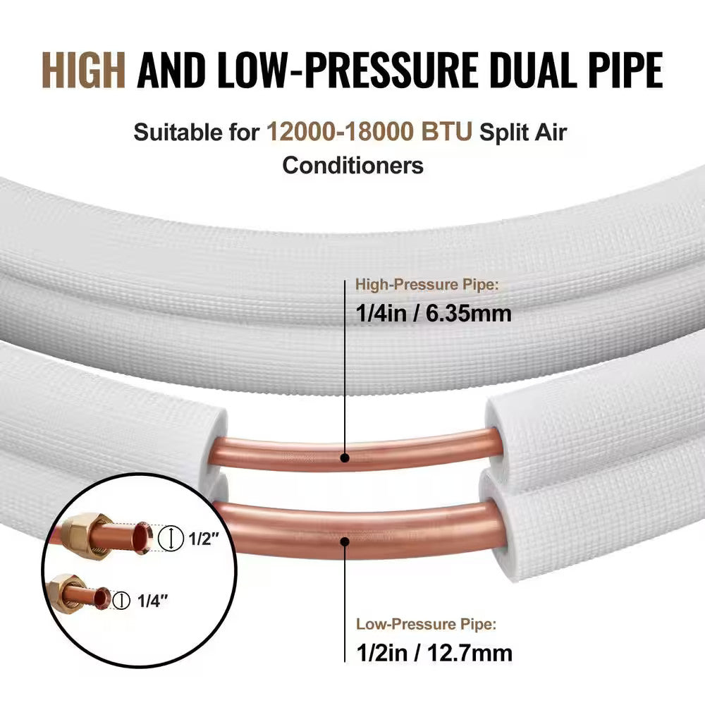 16 ft. Mini Split Line Set 1/4" and 1/2" OD Copper Pipes Tubing with Insulation