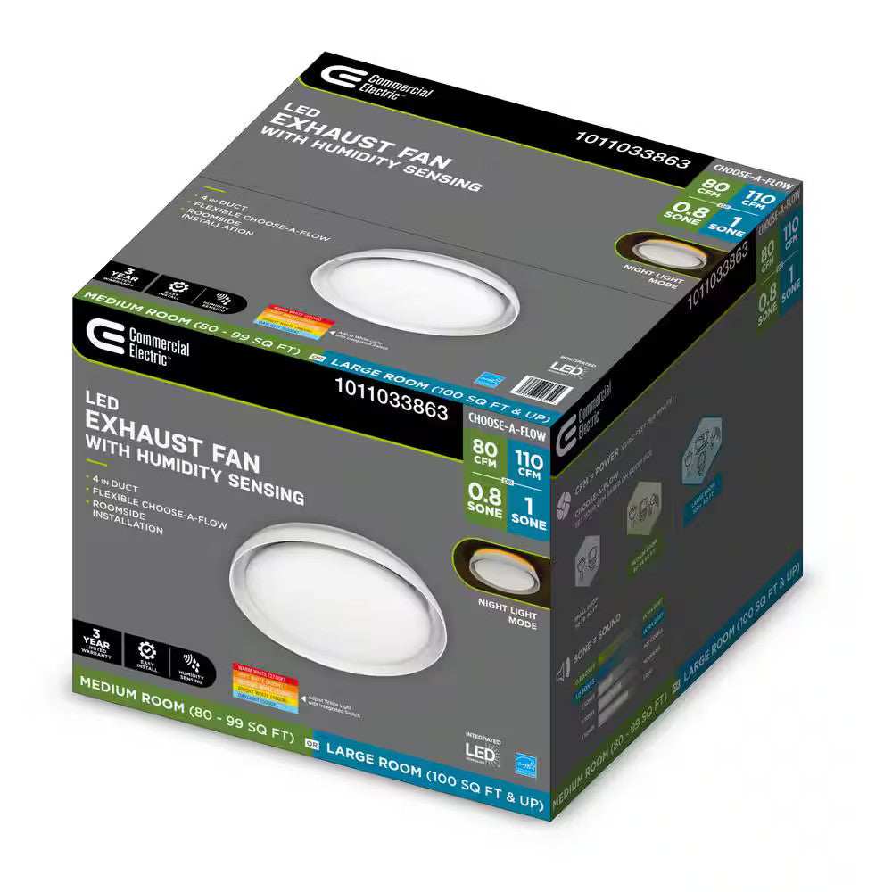 80/110 CFM Ceiling Mount Room Side Installation Round Bathroom Exhaust Fan w/LED