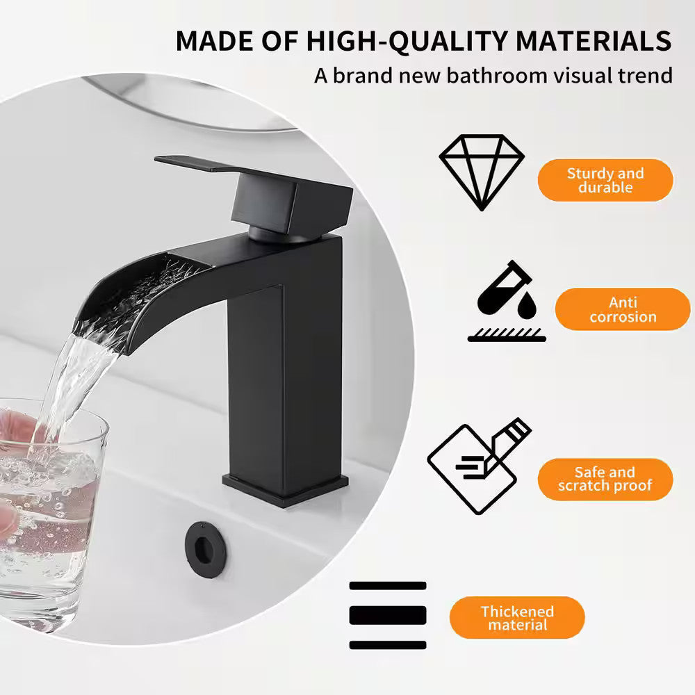 BWE Waterfall Single Handle Single Hole Bathroom Faucet Pop up Drain Matte Black