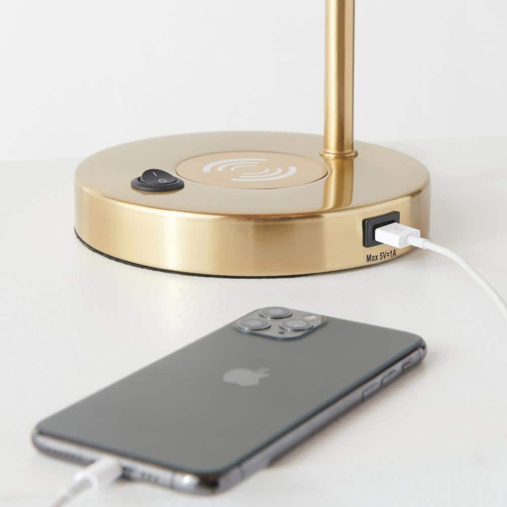 Brightech Table Lamp Glass Shade Fixture Metal in Brass w/ Built-In USB Port