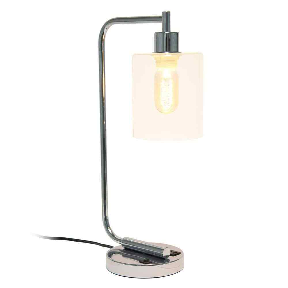 18.8 In. Chrome Industrial Iron Lantern Table Lamp w/ Glass Shade and USB Port 