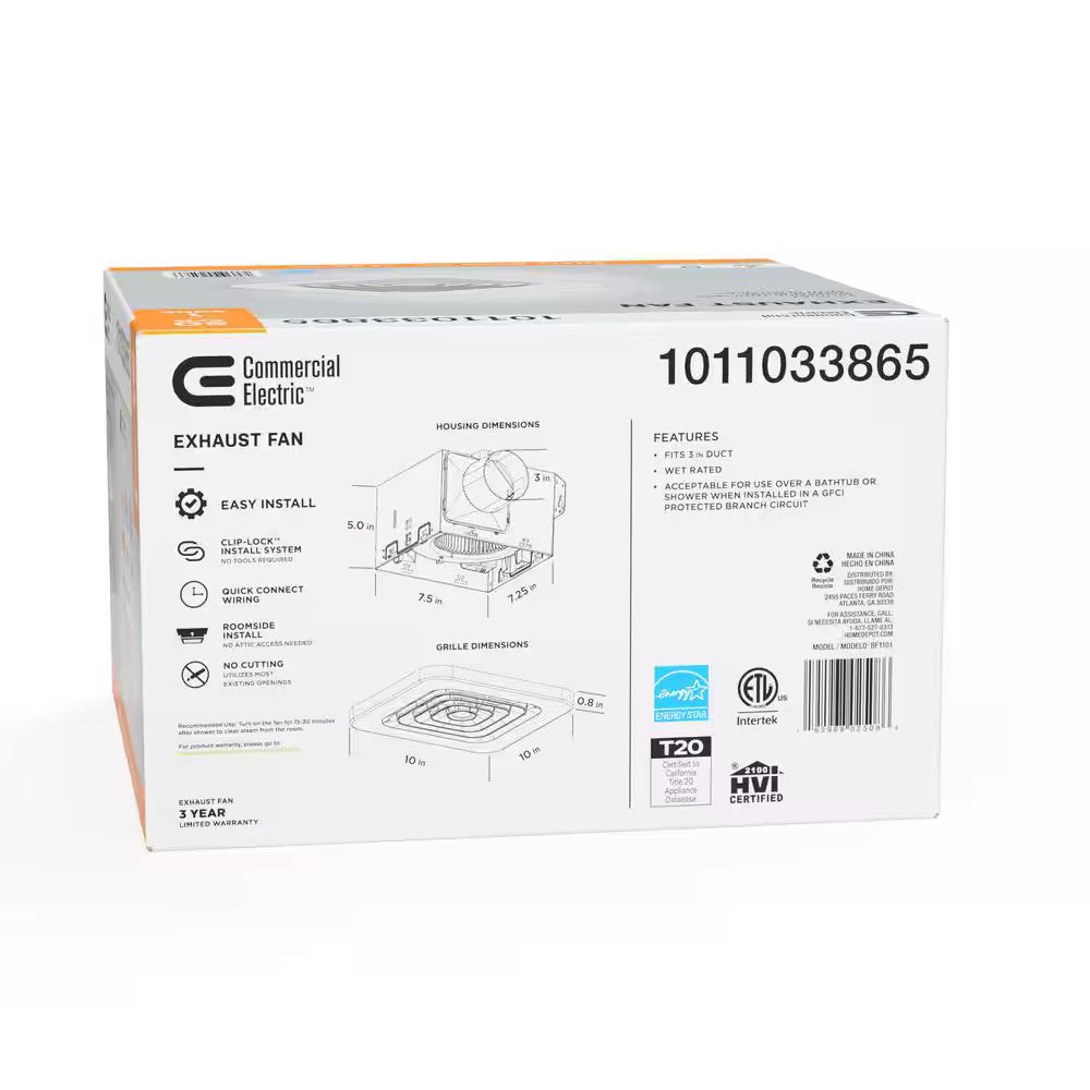 Commercial Electric 50 CFM Ceiling Mount Side Installation Bathroom Exhaust Fan