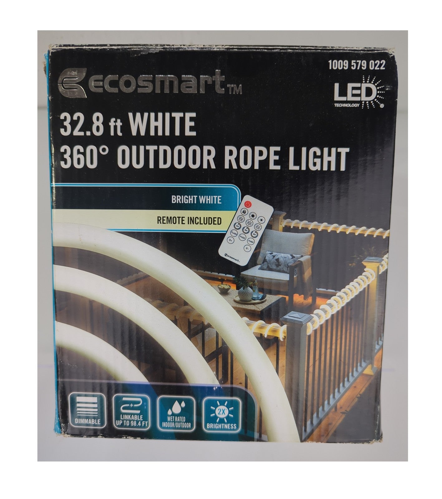 32.8 ft. Bright White LED 360 Outdoor Dimmable Linkable Rope Light w Remote