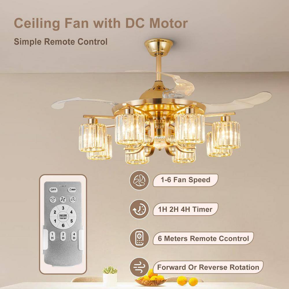 Depuley 48 in. 8-Light Gold Ceiling Fan w/ Remote Crystal Retractable Fandelier