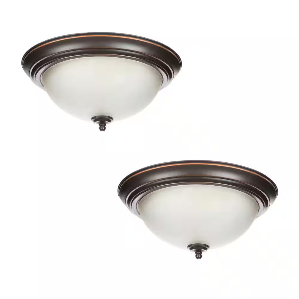 12.75 in. 2-Light Bronze Flush Mount Ceiling Light w/Tea-Stained Glass (2-Pack)