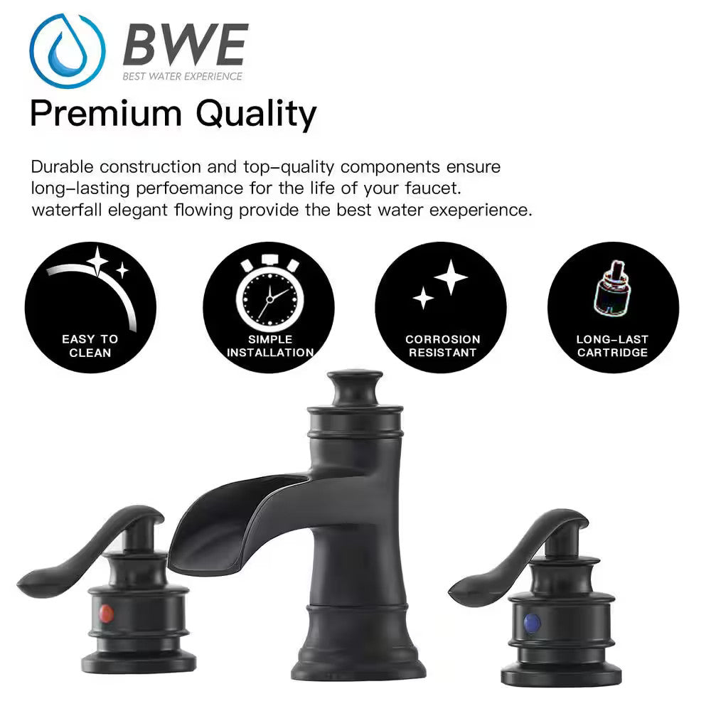 BWE A-96556-S-Black 8" Waterfall Widespread 2-Handle Bathroom Faucet + Pop Up BR