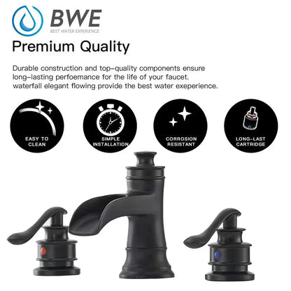 BWE A-96556-S-Black 8" Waterfall Widespread 2-Handle Bathroom Faucet + Pop Up BR