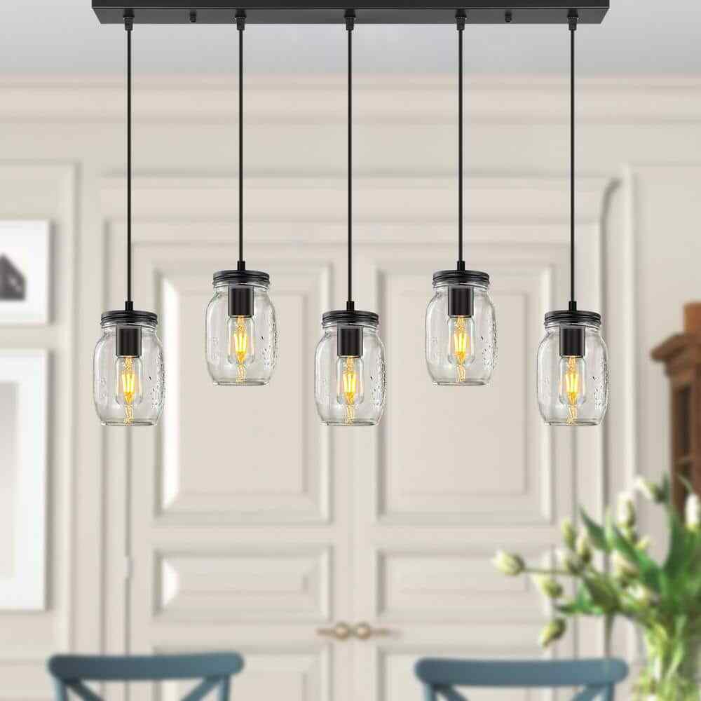 5-Light Matte Black Farmhouse Mason Jar Linear Hanging Kitchen Island Light