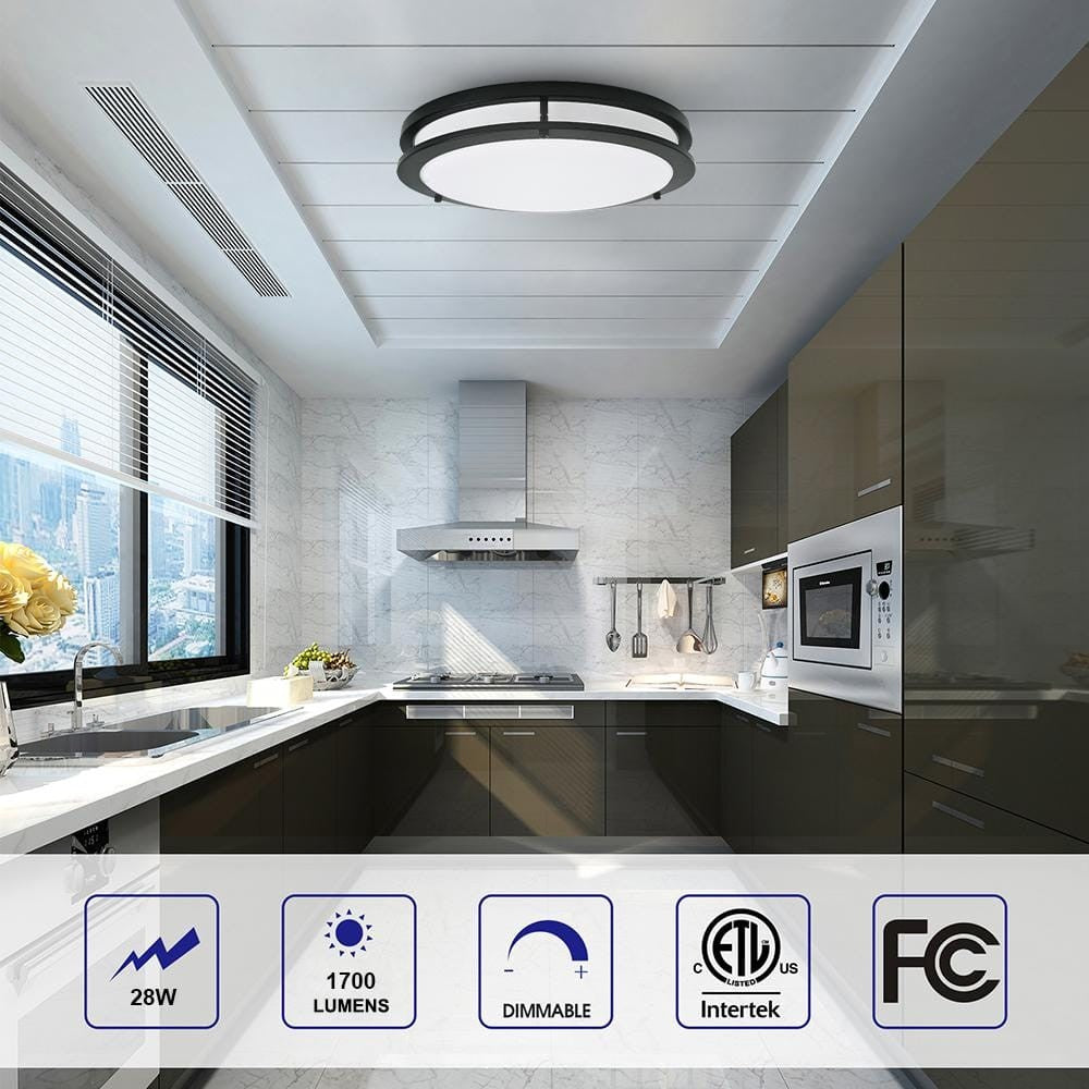 14 in Brushed Nickel Selectable LED Round Double Ring Flush Mount Dimmable Black