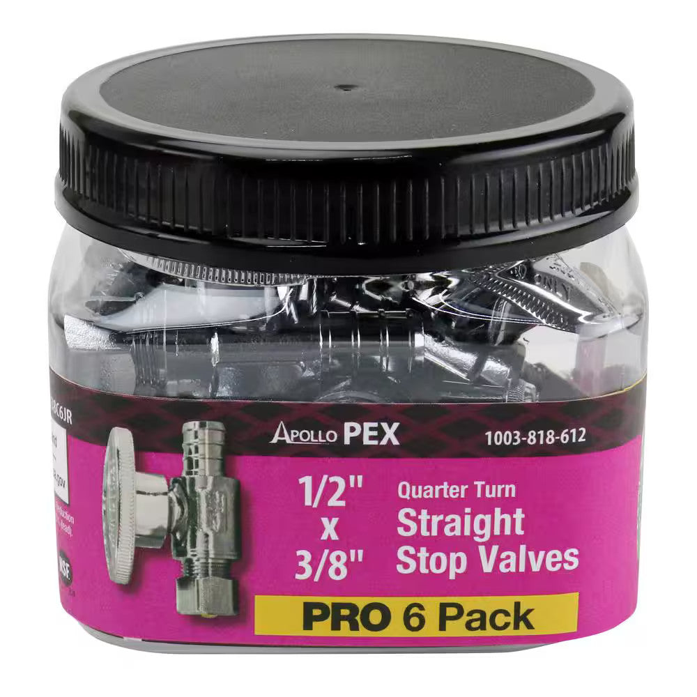 6 Pk Apollo APXVS1238C6JR 1/2" Brass PEX-B Barb x 3/8" Comp Straight Stop Valve