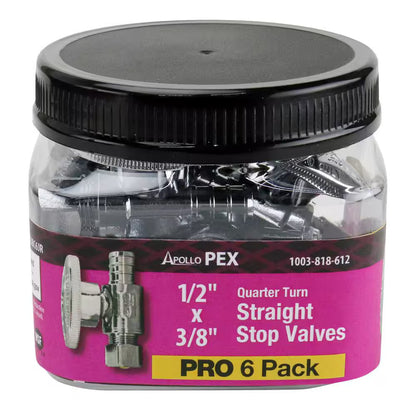 6 Pk Apollo APXVS1238C6JR 1/2" Brass PEX-B Barb x 3/8" Comp Straight Stop Valve