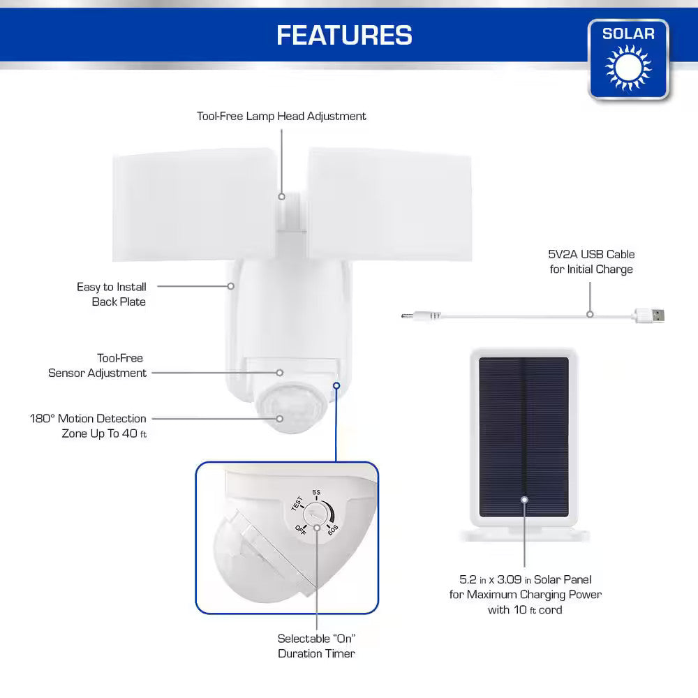 Defiant 180 Degree White Solar Motion Activated LED Flood Light 17000216