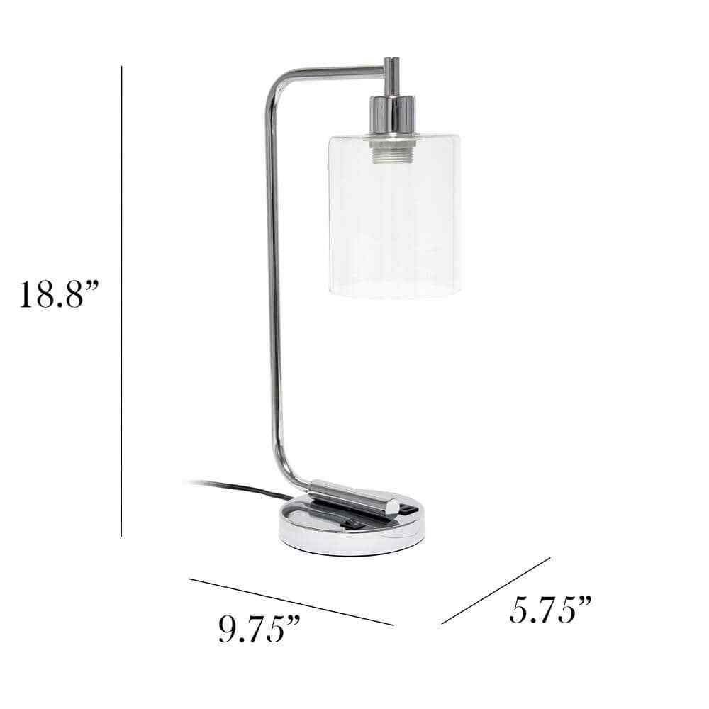 18.8 In. Chrome Industrial Iron Lantern Table Lamp w/ Glass Shade and USB Port 