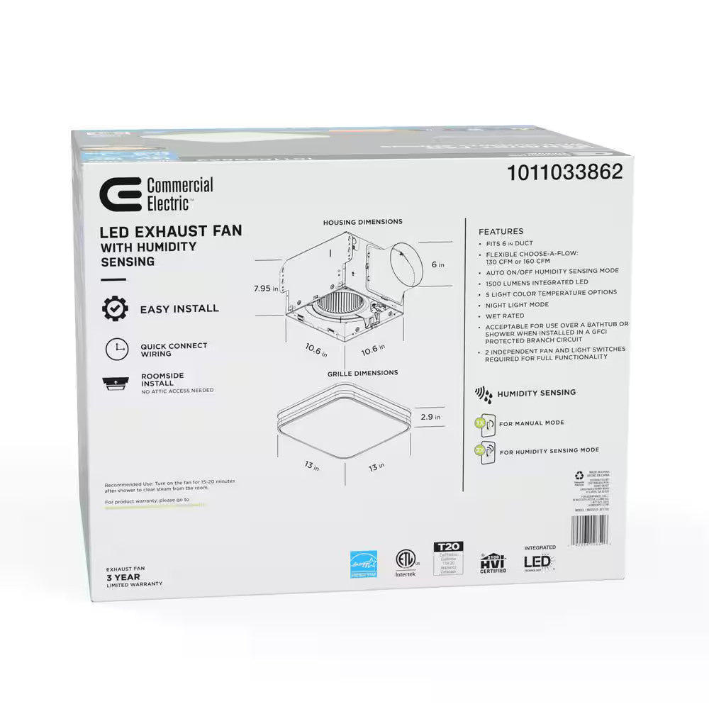 130 /160 CFM Ceiling Mount Room Side Installation Square Bathroom Exhaust Fan