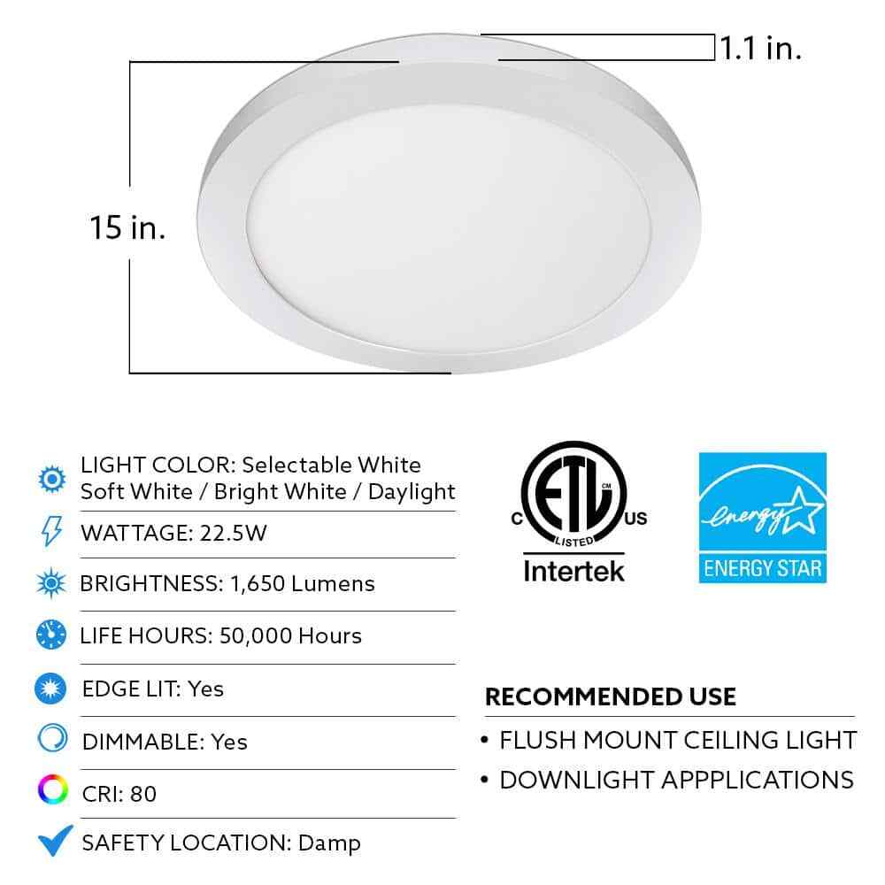  Commercial Electric 15" White LED adjustable 1650 Lum Round Flat Ceiling Light