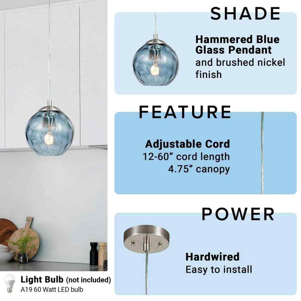 Cresswell 69 in. Hammered Blue Glass Pendant Hanging Light Fixture BM1537-01