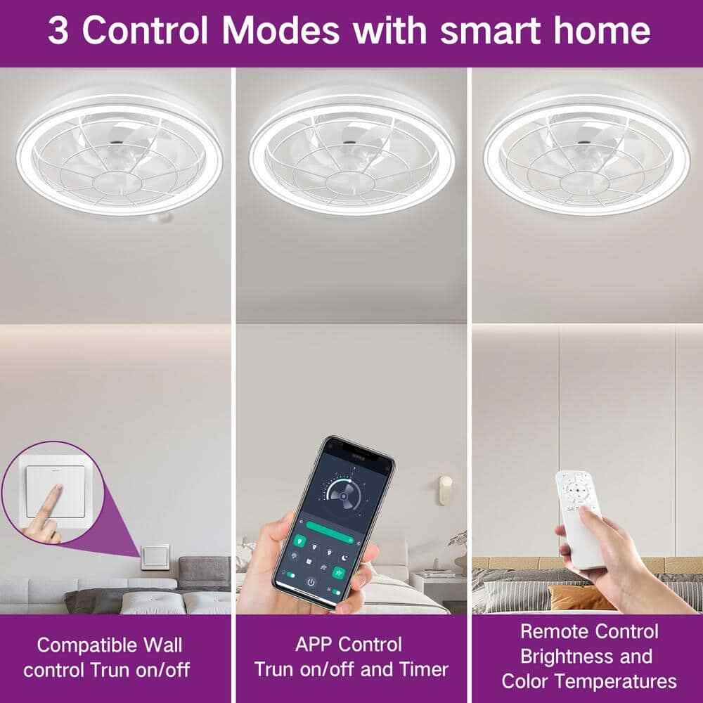 BICIK Flush Mount Smart White Invisible Blade Ceiling Fan w/ Light & Remote