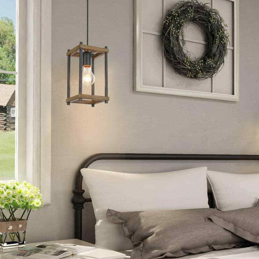 1-Light Pine Texture Single Pendant Chandelier Hanging Ceiling Light Fixture