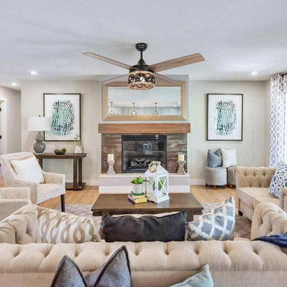 52 in. Industrial Matte Black Cage Ceiling Fan with Light Kit and Remote Control