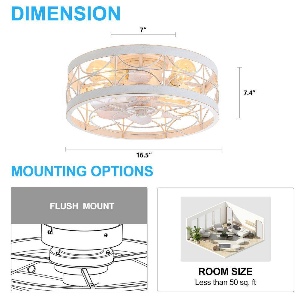 Breezary 16.5 in. White/Gold Caged Flush Mount Ceiling Fan w/ Light & Remote