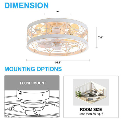 Breezary 16.5 in. White/Gold Caged Flush Mount Ceiling Fan w/ Light & Remote