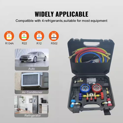 3-Way AC Manifold Gauge Set for R134A R22 R12 R502 Refrigerant with 5 ft. Hoses